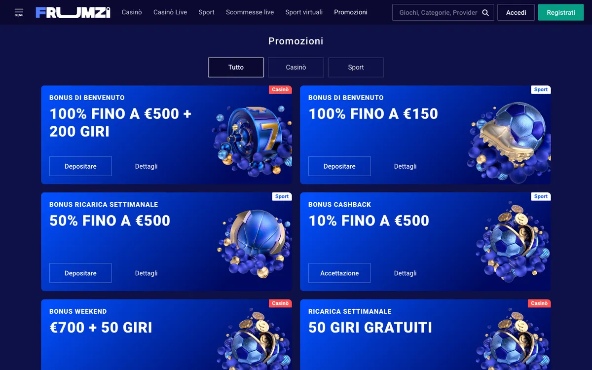 Sezione promozioni di Frumzi, schermata del 5 settembre 2026.